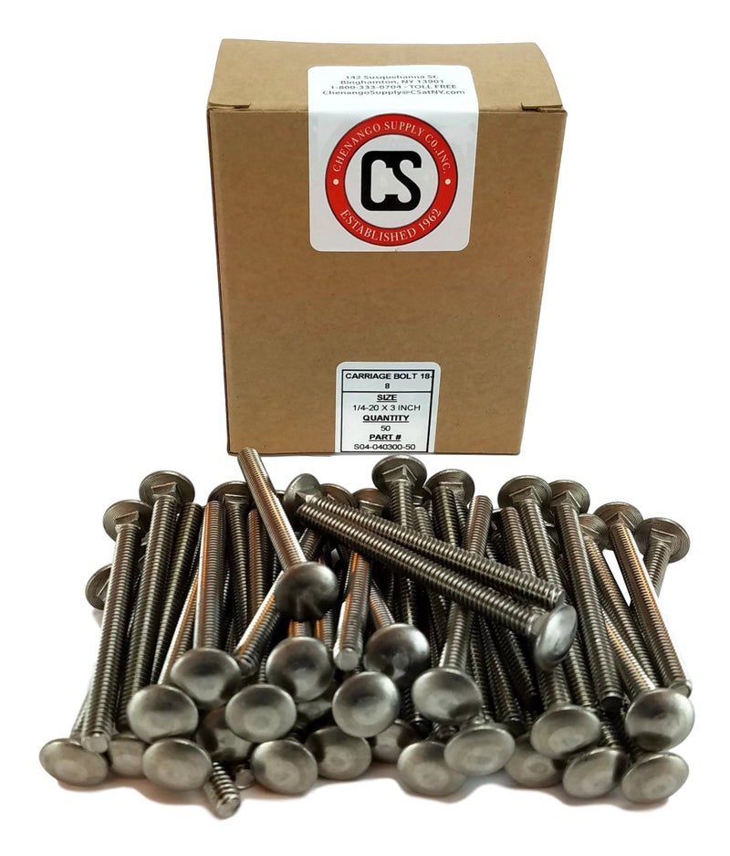 Chenango Supply Stainless 1/4-20 x 3 Carriage Bolt (3/4" to 5" Lengths Available in Listing), 18-8 Stainless Steel,50 Pieces (1/4-20x3) - Image 2